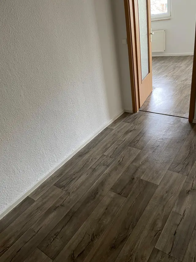 Flur mit Vinylboden in grauer Holzoptik, weiße Sockelleisten